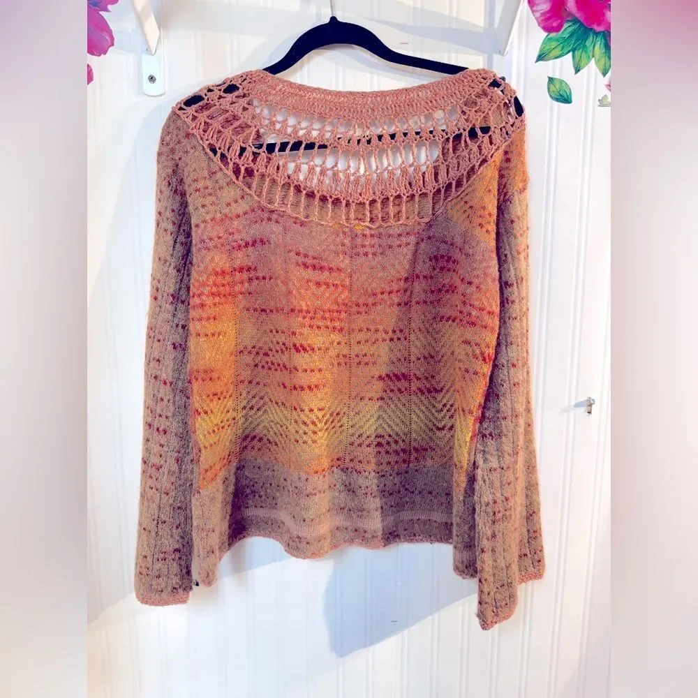 Free People Sweater Multicolor‎ Mohair Blend Crochet Back Bell Sleeve Sz S